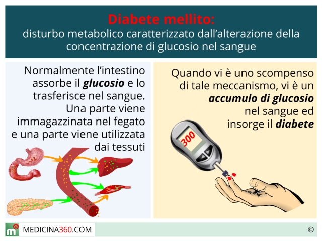 Diabete mellito di tipo 1 e 2: sintomi, cause, diagnosi, cura e dieta.